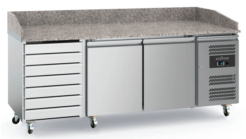 PIZZA COUNTER 2 DOORS 7 DRAWERS WITH WHEELS