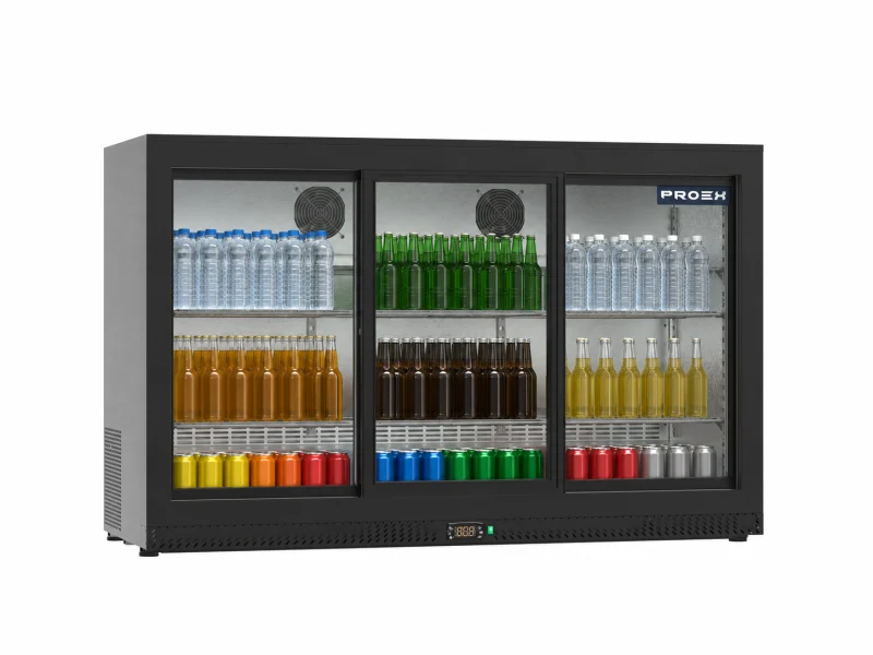 Proex BKB-335S Triple Sliding Glass Door Back Bar Cooler – 290L Black